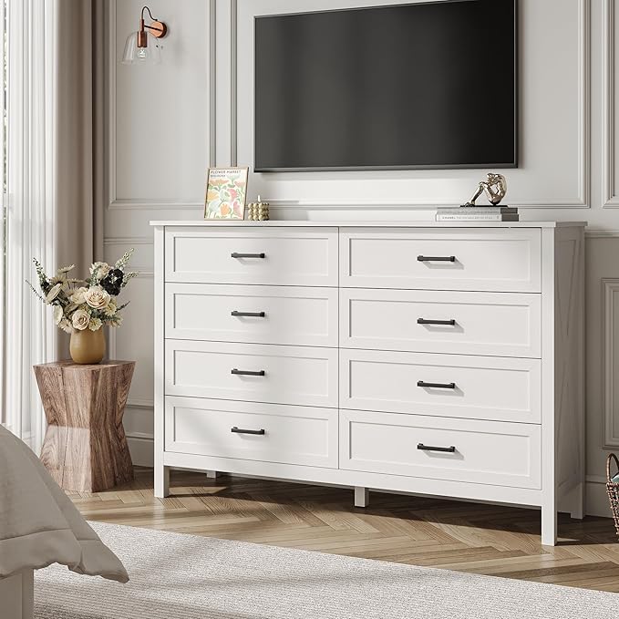 Farmhouse 8 Drawers Dresser for Bedroom, 55 Inch Wood Rustic Wide Chest with Natural Texture, Large Dressers for Bedroom, Hallway, Entryway, White