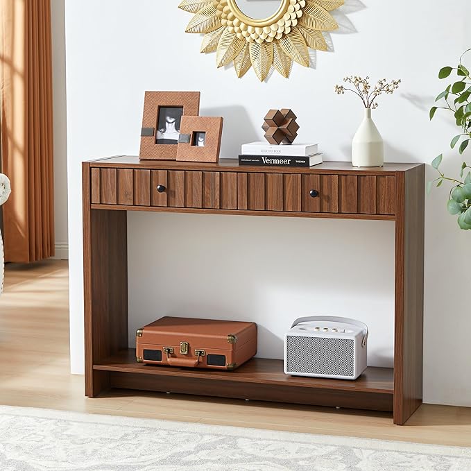 Console Table with Drawers, Narrow Mid-Century Fluted Entryway Table Sofa Table with Storage Shelf, Wood Entry Table Accent Behind Couch Table for Entrance, Hallway, Living Room (Walnut)