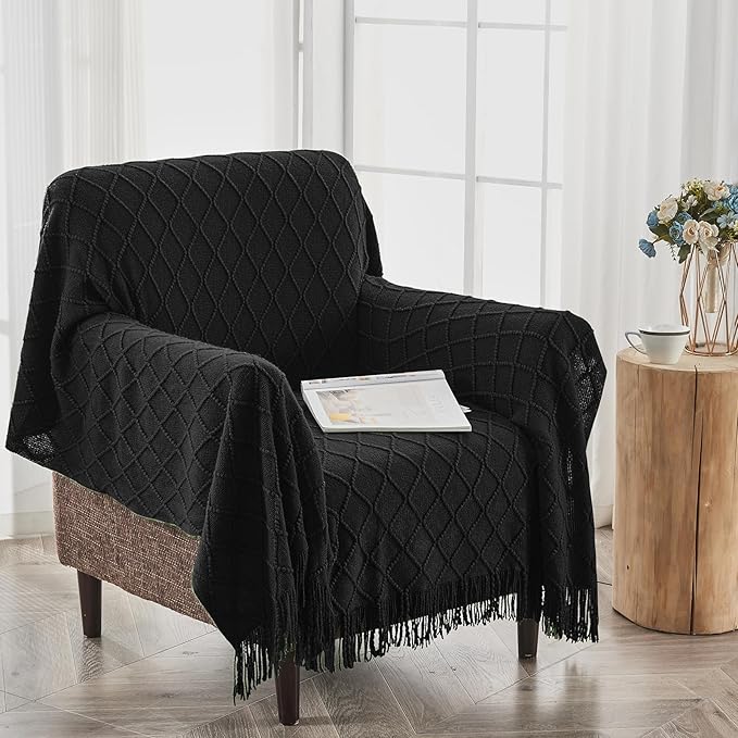 inhand Knitted Throw Blankets for Couch and Bed, Soft Cozy Knit Blanket with Tassel, Black Lightweight Decorative Blankets and Throws, Farmhouse Warm Woven Blanket for Men and Women, 60"x80"