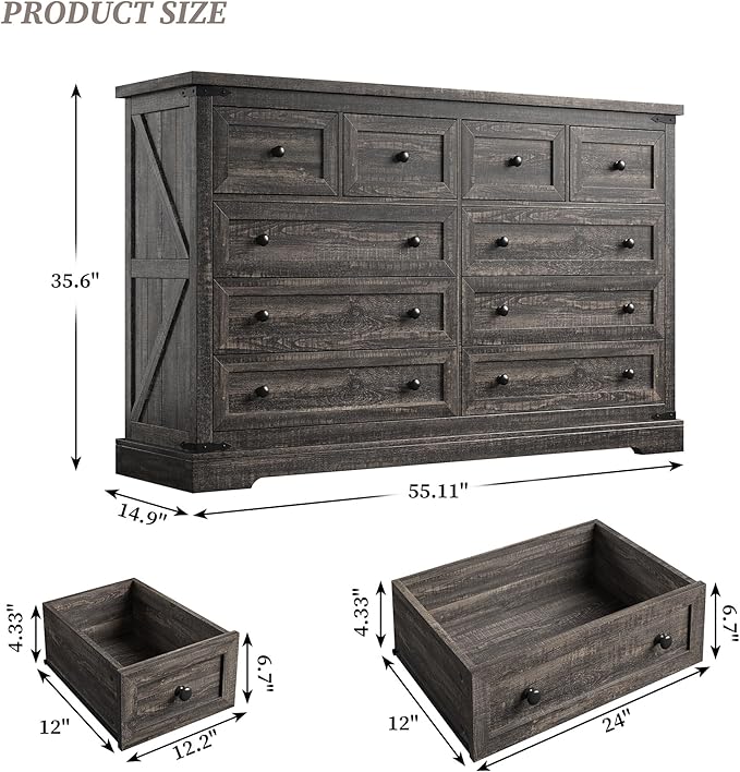 EnHomee 10 Drawer Dresser for Bedroom,55.11" W Wood Dressers and Chests of Drawers with Smooth Metal Rail,Large and Wide TV Stand Hallway,Dark Rustic Oak,14.9" D x 55.11" W x 35.6" H
