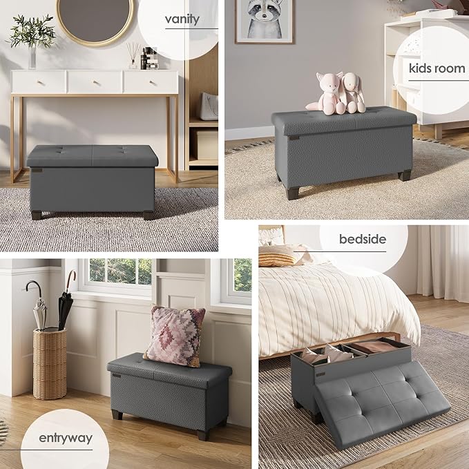 STORAGEBUD Storage Ottoman Bench with Bins, 30-in Storage Bench for Bedroom End of Bed, Folding Foot Rest Ottoman for Living Room Max 660lbs, Faux Leather Ottomans, Grey