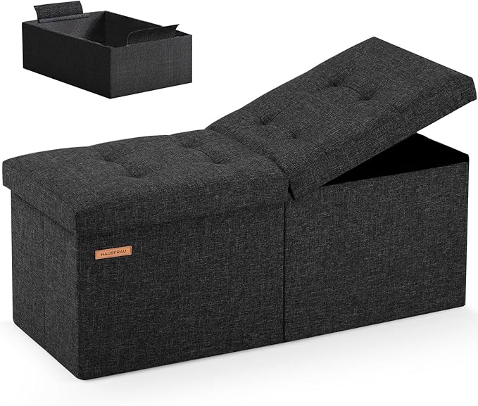 HAUSFRAU 31.5 Inches Ottoman with Storage, Folding Ottoman Bench Small Foot Rest Stool, Bedroom Bench with Flipping Lid, Linen Black