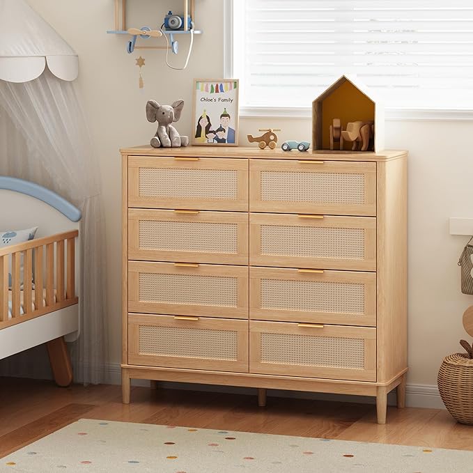LINSY HOME Rattan Dresser for Bedroom with 8 Drawers, 54" Wide Chest of Drawers, Mid Century Modern Dresser TV Stand with Metal Handle, Wood Closet Storage Cabinet for Living Room, Hallway, Oak