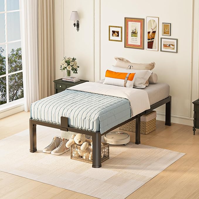 14 inch Twin XL Bed Frame with Round Corner Legs Mattress Slide Stopper,3500 lbs Heavy Duty Metal Platform,No Box Spring Needed,Easy Assembly,Noise Free