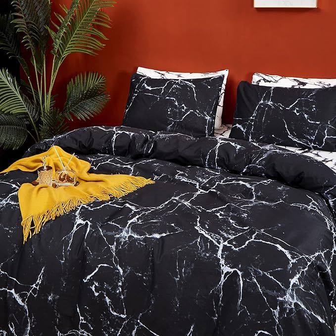 CLOTHKNOW Black White Comforter Set Twin/Twin XL Black Marble Bedding Comforter Sets Black Comforter Abstract Bedding Soft Quilt Set