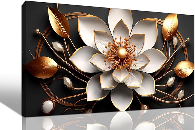 Large Artwork Canvas Wall Art for Living Room Office Room Bedroom Decor Wall Painting White and Gold Flowers Picture Modern Decorative Painting with Frame Ready to Hang Canvas Decor Size 20x40