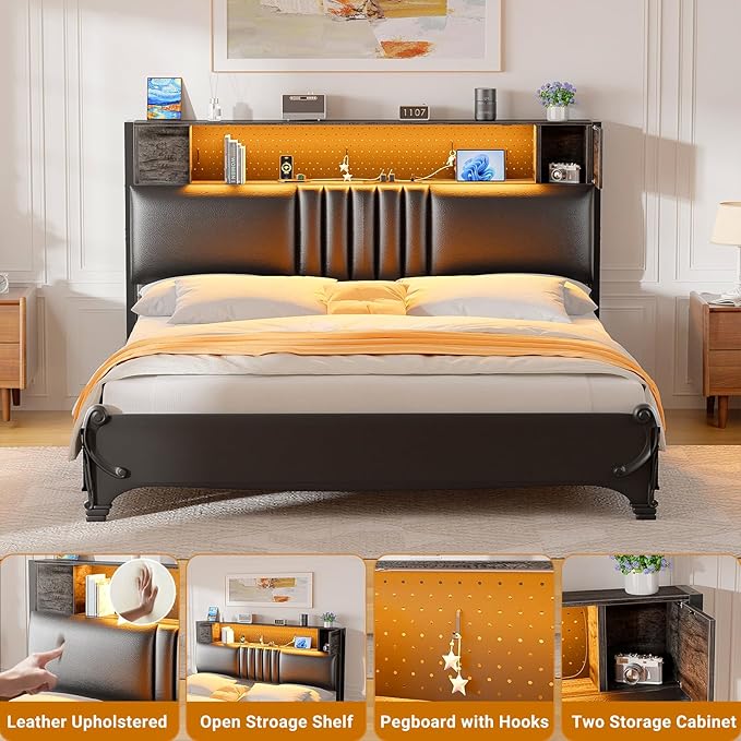 Unikito Headboard for Full Size Bed with Storage and Cabinet, Black Upholstered Headboards with Outlets, USB Ports, and DIY Color of LED Light, Full Head Board Only, Comfortable Headboard,Black Oak