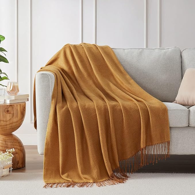BOURINA Herringbone Two Tone Throw Blanket Faux Cashmere Fringe Soft Lightweight Cozy for Bed Couch Decorative Throws Blanket,Gold, 50" x 60"
