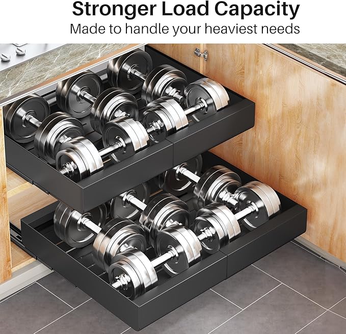 Pull out Cabinet Organizer, Wider Expandable(14"-24") Heavy Duty Slide out Drawers Fixed with Adhesive Nano Film for Pots and Pans, Roll out Shelf Storage for Kitchen Base Organization(Black)