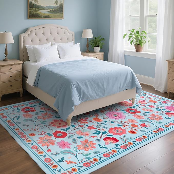 9x12 Area Rug for Living Room Clearance, Modern Washable Rug Non Slip Low Pile Floral Rugs for Living Room, Bedroom, Farmhouse, Dining Room, Kids Playroom, Blue