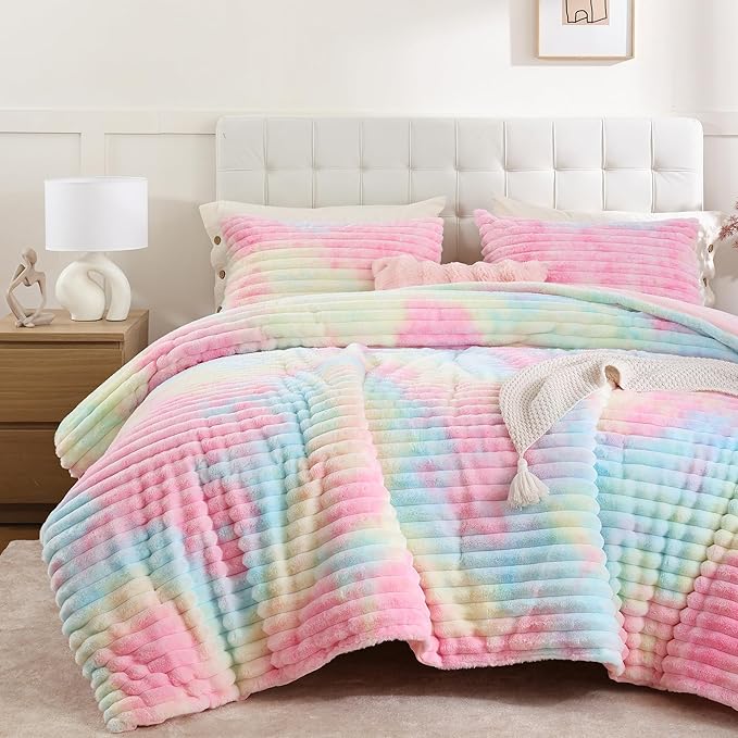 Smoofy Fluffy King Size Comforter Set 3 Pieces - Rainbow Fleece Fluffy Comforter Set, Luxury Fuzzy King Bedding Set, Soft King Bed Set All Season, Heavy Faux Fur Comforter with 2 Pillow Cases