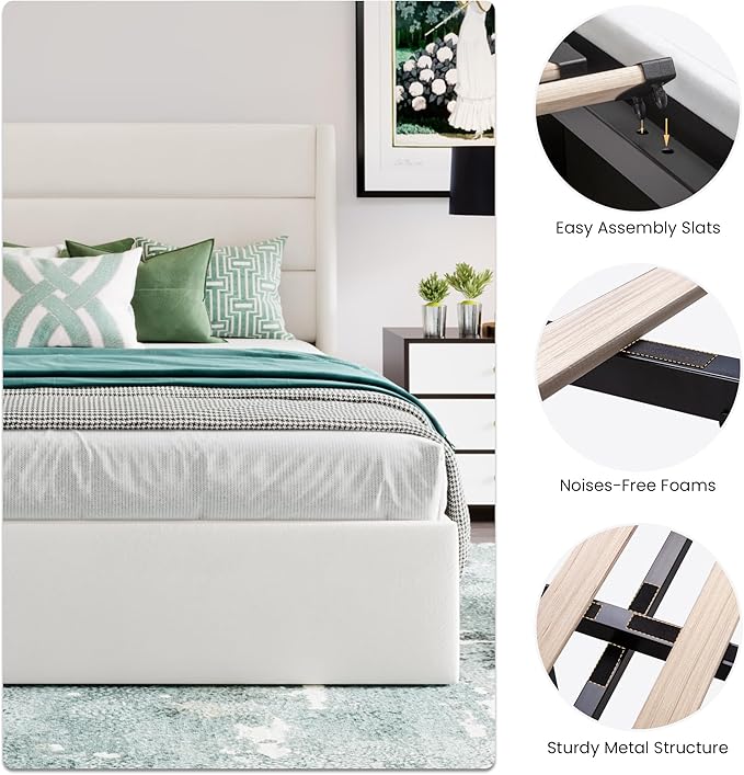 SHA CERLIN Queen Size Lift Up Storage Bed/Velvet Upholstered/Modern Wingback Headboard/Upholstered Platform Bed Frame/Hydraulic Storage/No Box Spring Needed/White