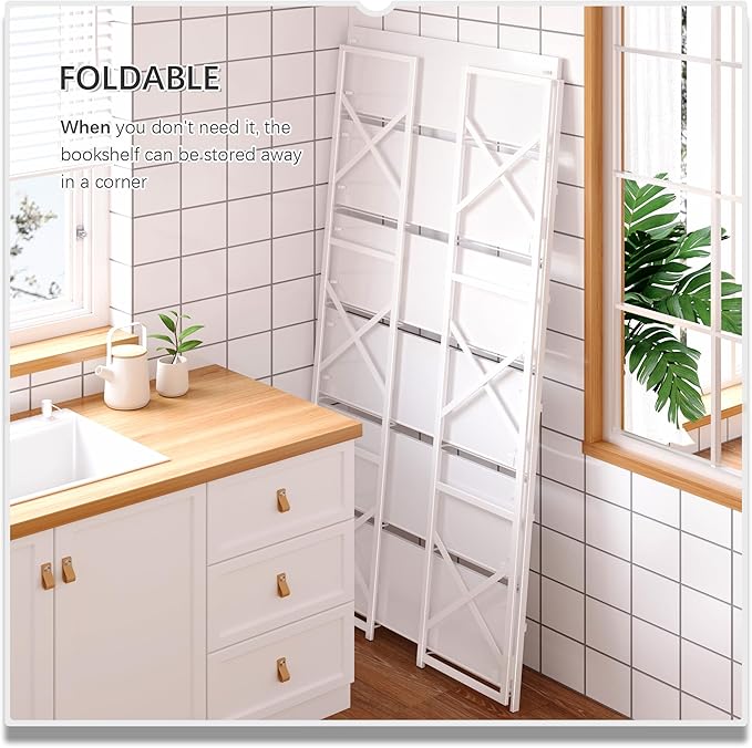 4NM Extra Wide 6 Tiers No Assembly Book Shelves, 61.8" H Folding Bookshelf Bookcase Open Industrial Foldable Shelves for Bedroom, Living Room, Home Office - All White