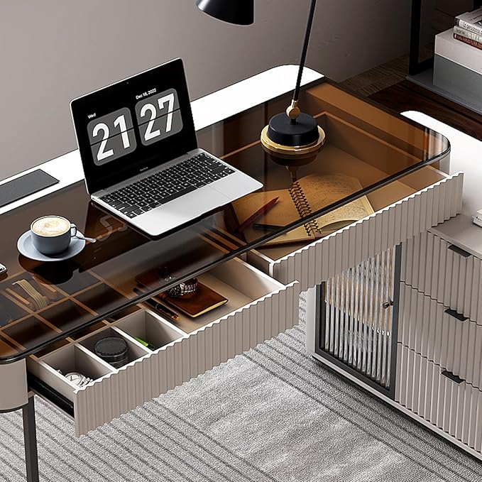 Lartis Office Desk, Very Easy to Assemble, Computer Desk, Home Telescopic Writing Desk, Modern Computer Desk with Retractable Cabinet Built-in LED Lights (Ivory, 47 in)