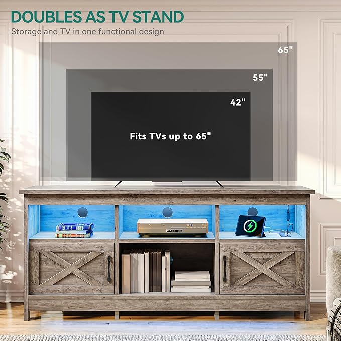 YITAHOME TV Stand for 65 Inch TVs, Entertainment Center with Storage Cabinets, Power Outlet & LED Light, Media Console Living Room Furniture, Washed Gray