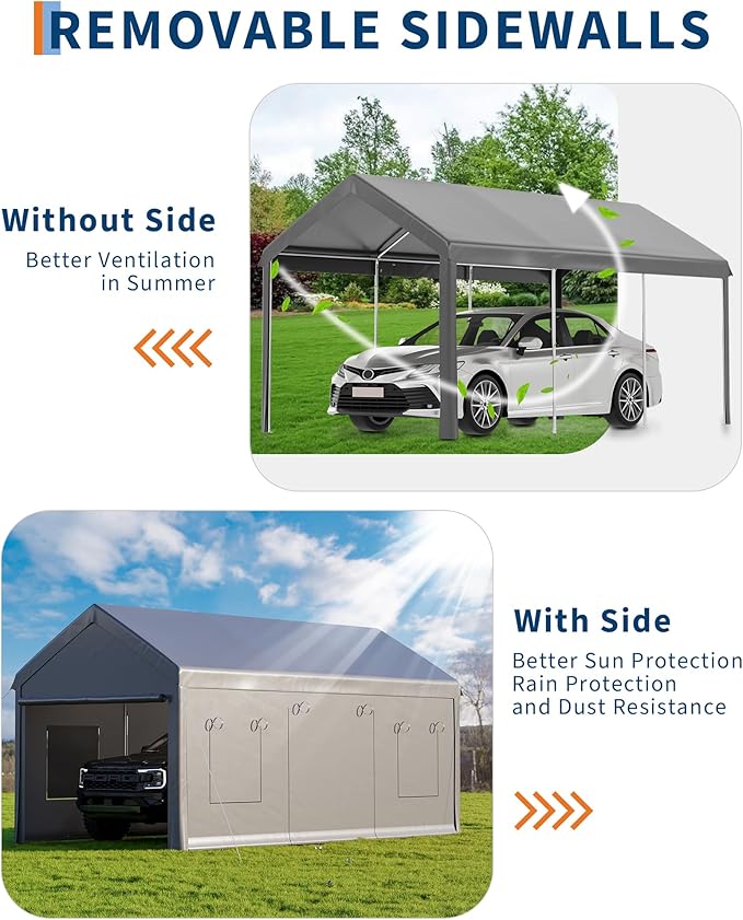 10 x 20 FT Carport Clearance, Heavy Duty Carport Canopy with Roll Up and Down Mesh Window, Outdoor Portable Garage with Removable Sidewalls, All Season Tarp for Car, Boat, Truck, Motorcycle (Gray)