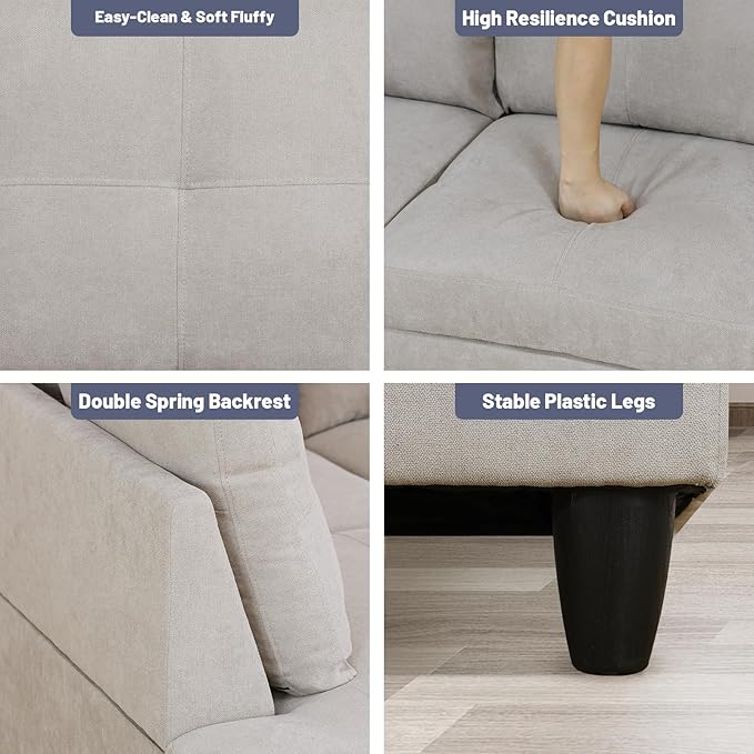 L-Shape 3-Piece Cloud Sofa, Couch for Living Room, Light-Grey Fluffy Fabric L-Shape with Reversible Chaise & Storage Ottoman, Ergonomic 110–115° Recline, Solid-Wood Frame