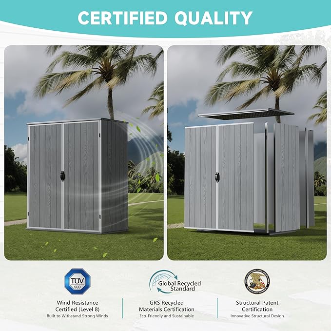 Greesum 5×3FT Plastic Outdoor Storage Shed with Floor, Resin Storaged Sheds with Lockable Door, Window & Vent, All-Weather Tool Sheds for Garden, Backyard, Patio, Light Gray (4.7×2.5FT)