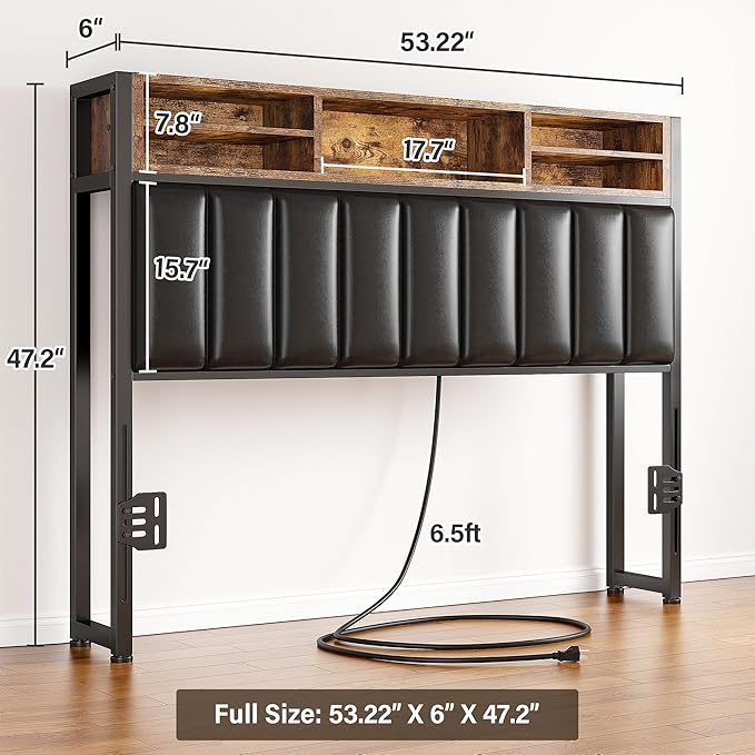 EnHomee Headboard Full Size Bed with Charging Port, Full Size Head Board with LED Light, with Storage Shelf, Headboard Only Upholstered for Bedroom