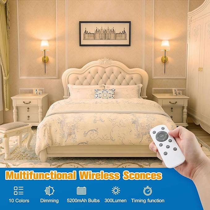 NIORSUN Battery Operated Wall Sconce Set of 2,Black-Gold Rechargeable Wall Lights with 5200mAh Dimmable Bulbs and Remote,10 Colors Wireless Wall Lamps for Bedroom Living Room Hallway Decor