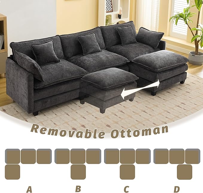 111'' Sectional Cloud Deep Seat Couch, Modern Comfy Chenille L Shaped Sectional Sofa for Living Room Set, Upholstered Modular 4-Seats Sofa Couch with Movable Ottoman, Dark Grey