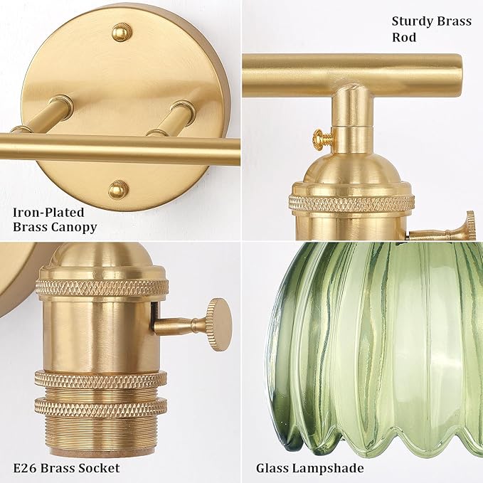 Bathroom Light Fixtures, 2-Light Brass Vanity Wall Light Over Mirror with Green Tulip Glass Shade for Bedroom Living Room