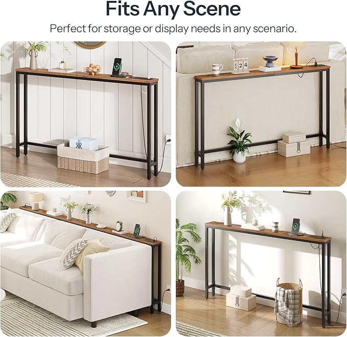 HOOBRO 55.1" Narrow Console Table with Power Outlets, 5.9" Behind Couch Table with Charging Station, Long Sofa Table, Skinny Entryway Table for Living Room, Hallway, Foyer, Rustic Brown BF145UXG01