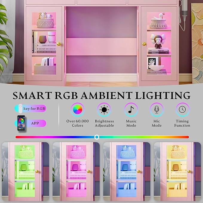 Makeup Vanity Desk with HD Lighted Mirror & Power Outlet, Glass Top Vanity Table Set with Storage Drawers & RGB Cabinets, Large Dressing Table with 3 Lighting Modes for Bedroom Women Girls Kids, Pink