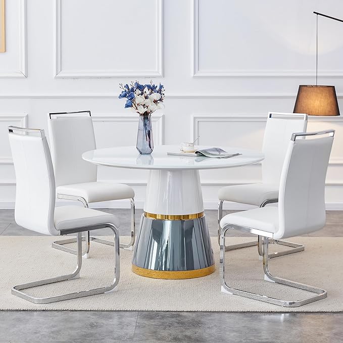 45 Inch Round Dining Table Set for 4, 5 Piece Kitchen Table and Chairs Set, White Faux Marble Table Top, Small Space Dining Set for Apartment or Dining Room