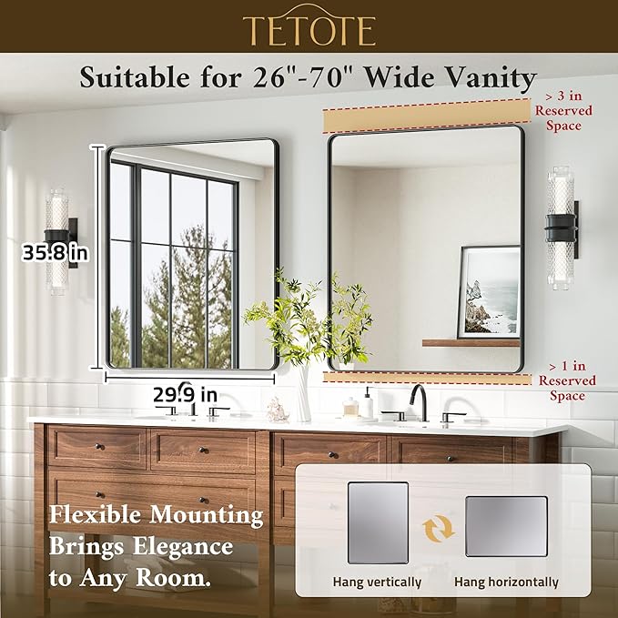 TETOTE Black Vanity Mirror 30 x 36 Inch Matte Metal Black Frame Mirror for Wall, Tempered Glass, Modern Farmhouse Wall Mounted Mirror for Decorative(Horizontal/Vertical)