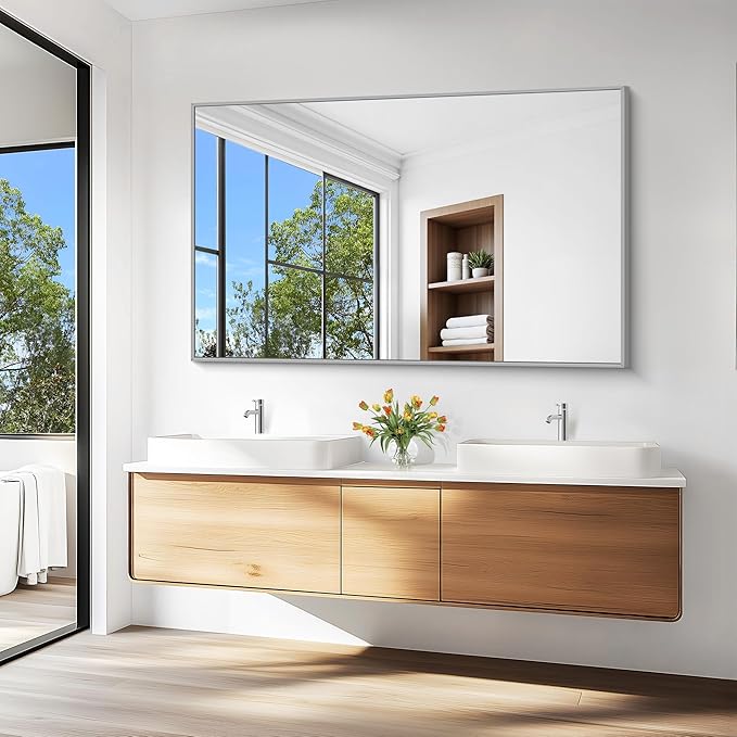 KOCUUY Large Silver Bathroom Mirror, 60x36 inch Rectangular Mirror for Bathroom Sink, Oversized Mirror with Metal Brushed Nickel Frame for Living Room, Farmhouse, Entryway, Hang Horizontal/Vertical