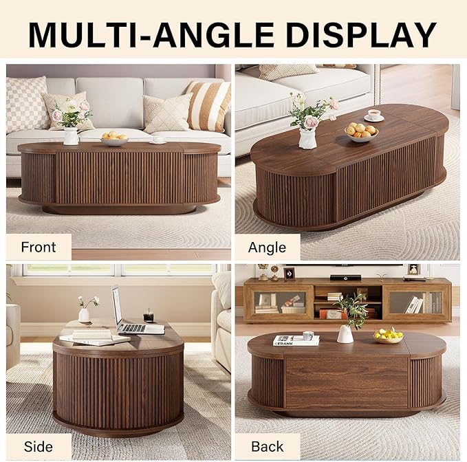 HSH Oval Coffee Table with Storage, 47” Modern Coffee Table with Press Type Door, Fluted Living Room Tables with 2 Flip-Top Hidden Lids, Wood Center Table for Living Room, Office,Walnut