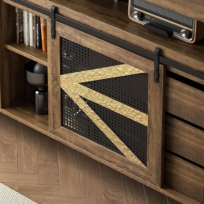 VFK 70 Inch TV Stand for TVs up to 70", Rustic Farmhouse Media Console with Sliding Barn Doors, 6 Drawers, Entertainment Center for Living Room