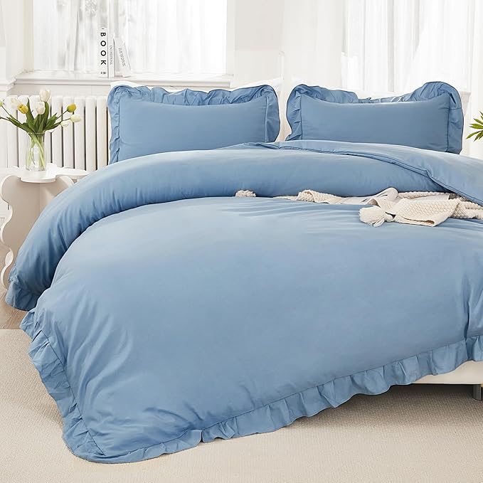 Litanika Grayish Blue Queen Comforter Set, 3 Pieces Ruffle Farmhouse Aesthetic Bedding Comforter Set, All Season Soft Lightweight Fluffy Microfiber Bed Set(90x90In Comforter, 2 Pillowcases)