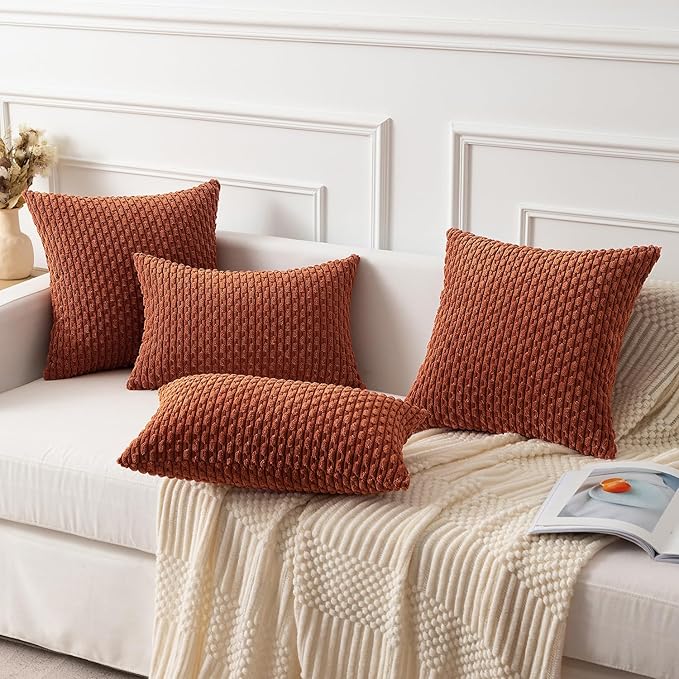Kevin Textile Pack of 2 Fall Corduroy Decorative Throw Pillow Covers 12x20 Inch Soft Boho Striped Pillow Covers Modern Farmhouse Home Decor for Sofa Living Room Couch Bed Rust