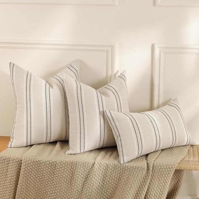 Hckot Throw Pillow Covers 22x22 Set of 2 Striped Pillow Covers Textured Linen Decorative Pillows Square Cushion Covers for Sofa Couch Bed Living Room Farmhouse Decor, Grey