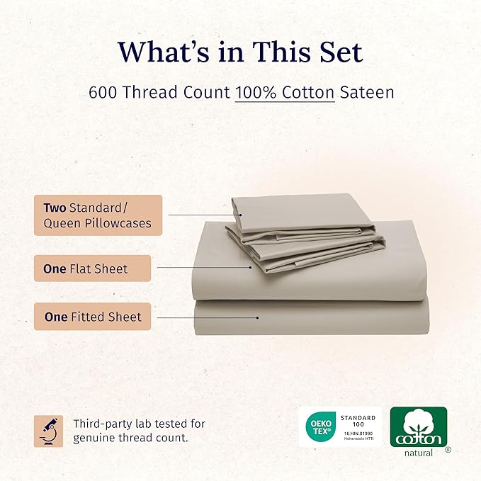 California Design Den Queen Size Sheets Deep Pocket Set - Luxury 600 Thread Count Sateen, Natural 100% Cotton Queen Sheets, Fully Elasticized, Crisp, Cool and Durable Hotel Style Bedding - Soft Linen
