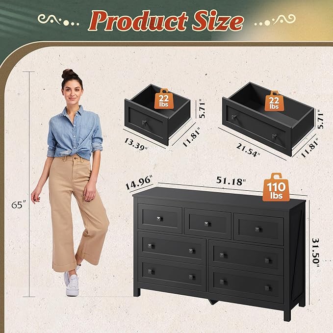 WLIVE Farmhouse Dresser for Bedroom, 51.18'' Wide 7 Drawer Wood Dresser, Black TV Stand for 65 inch TV, Wooden Chest of Drawers for Bedroom, Modern Clothes Organizer for Living Room, Hallway
