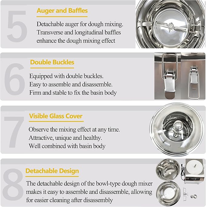 Stainless Steel Dough Mixer Machine Detachable Basin Type Food Mixing Machine 5KG Capacity 110V Bidirectional Rotation Flour Mixer with Timing Function Suitable for Household Commercial Use