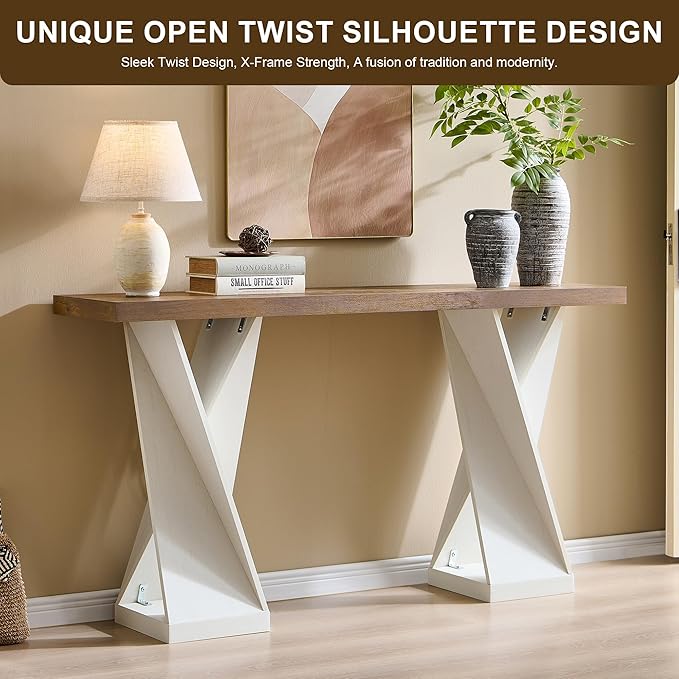 OKD Modern Entryway Table, 63" Twisted Console Table with Wood Pedestal, Farmhouse Sofa Table with Storage, Rustic Entry Table Tor Living Room, Entryway, Hallway, Antique White