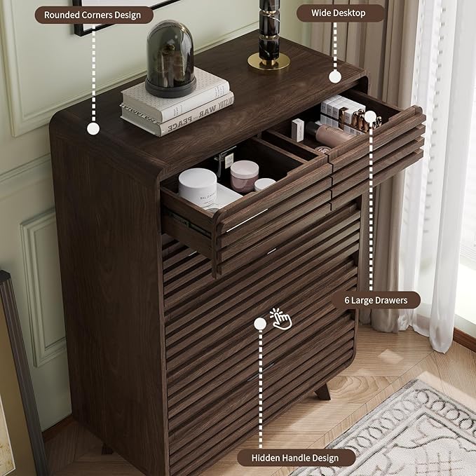 Fluted Dresser for Bedroom, Tall Dresser with 6 Drawers, Chests of Drawers with Grille & Curved Design, Dressers Slides Pre-Installed, Large Wood Drawer Organizer for Bedroom Hallway, Dark Walnut