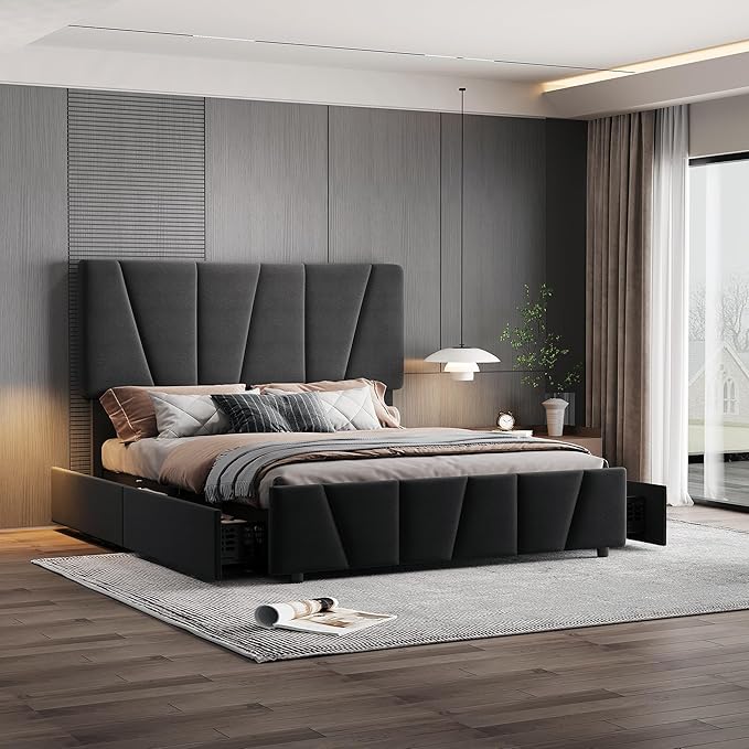 GarveeHome King Size Bed Frame with Adjustable Headboard and 4 Storage Drawers, Velvet Upholstered Tufted King Platform Bed Frames with Wooden Slats Support, King Bedframe No Box Spring Needed, Grey
