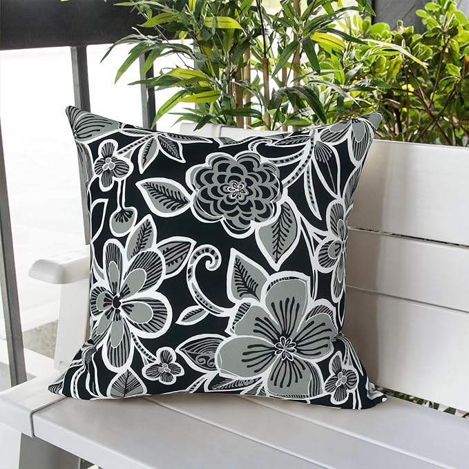 LVTXIII Outdoor Throw Pillow Covers 20 x 20 Inch, Covers ONLY Modern Cute Pattern Decorative Square Toss Pillow Case Pack of 2 for Home Patio Garden Sofa Bed Furniture, Flower Black