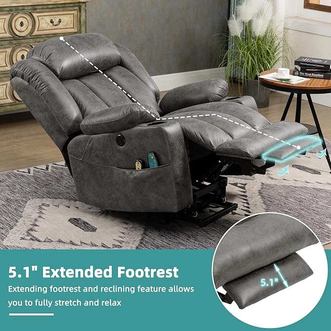 MEETWARM Large Power Lift Electric Recliner Chair with Extended Footrest for Big Tall Man, Overstuffed Wide Recliner with Massage and Heat, 2 Remote Controls/USB Ports/4 Side Pockets(Grey)