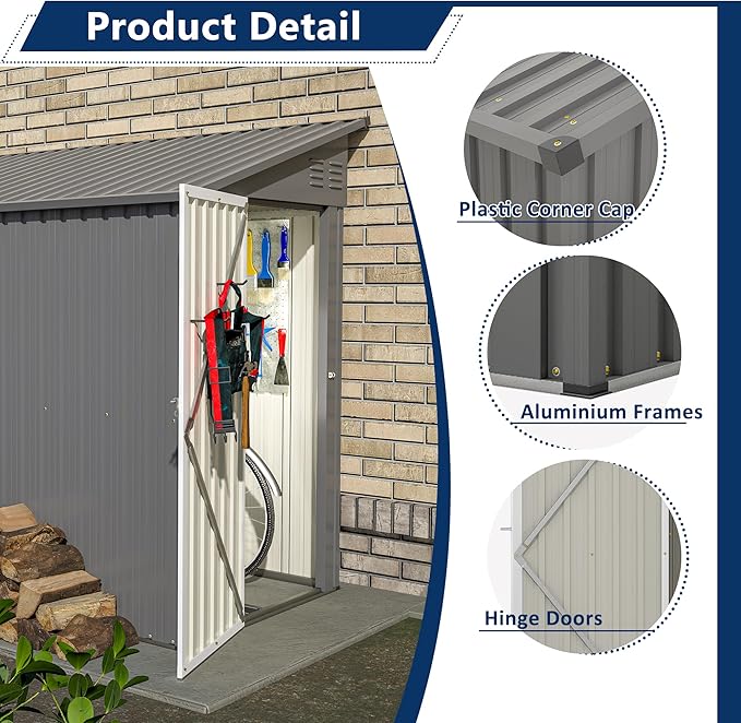 Shed Lean to Storage Shed, Outdoor 4' x 8' Metal Wall Side Storage Sheds & Outdoor Storage, Garden Storage Cabinet for Backayrd, Patio and Outdoor Use,Grey