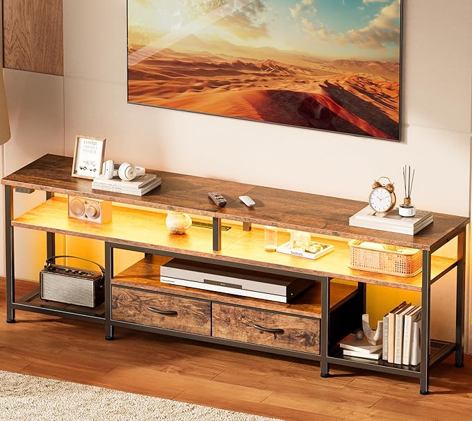 Huuger TV Stand for 65, 70 Inch TV, Entertainment Center with Power Outlets and LED Lights, TV Console for Living Room, Media Console with Drawers and Shelves, Rustic Brown