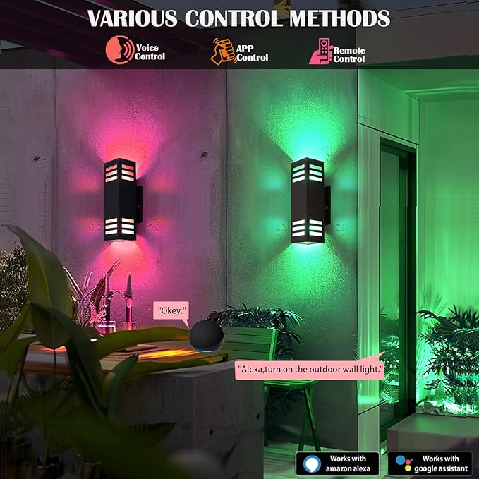 RGB Smart Wall Lights, 2 Pack Front Porch Light Fixtures, Square Color-Changing Outdoor Sconce With E26 Base, IP65 Waterproof Up and Down Lights With Sensor