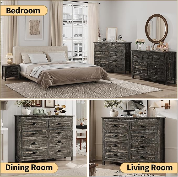 Dresser for Bedroom, Modern Black Dresser with 8 Drawers, Wide Chest of Drawers with Metal Handles,Wood Double Storage Cabinet for Living Room, Bedroom, Hallway