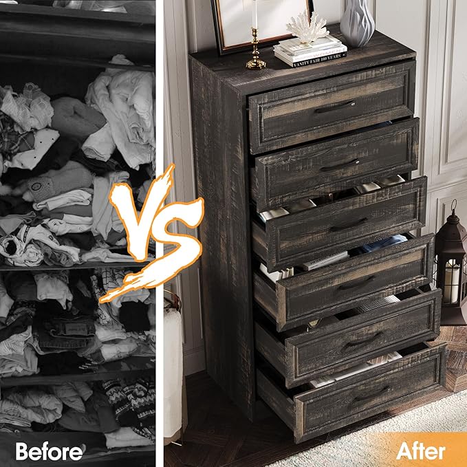 Fameill Dresser for Bedroom, Tall Dresser for Hallway, 6 Drawer Wide Dresser Organizer with Charging Station for Closet, Wood Dresser with Metal Handles, Dark Brown