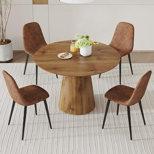 45 Inch Round Dining Table Set for 4, 5 Piece Kitchen Table and Chairs Set, Wooden Table with Light Walnut Finish, Small Space Dining Set for Apartment or Dining Room